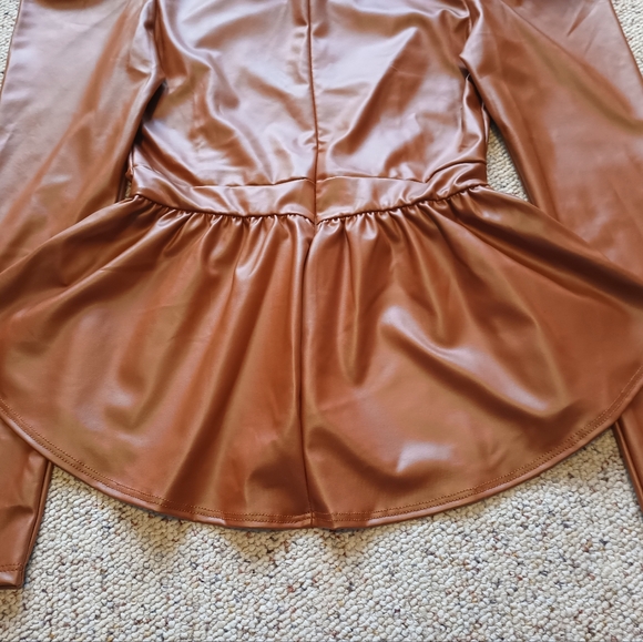 Brown Faux Leather Top with Puff Sleeves - Picture 13 of 15